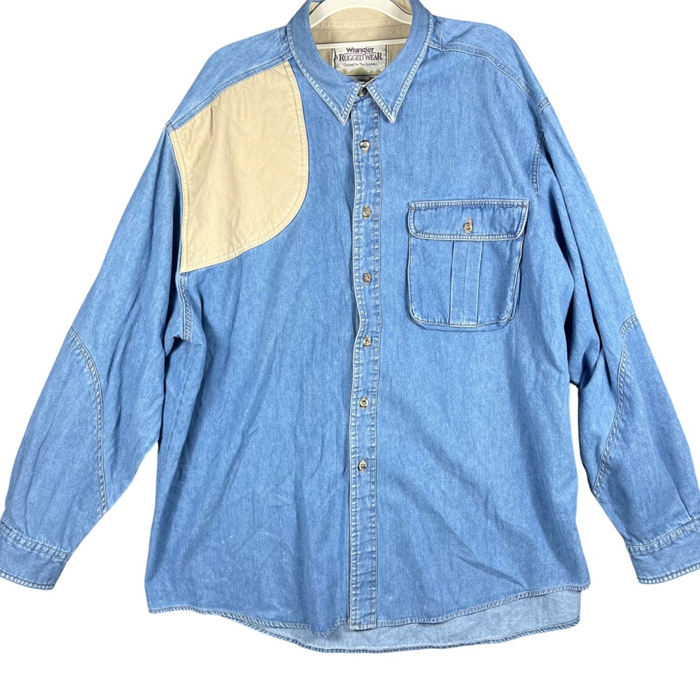 Wrangler Rugged Wear Shooting Shirt Men XL Blue Denim Quilted Patch Long Sleeve